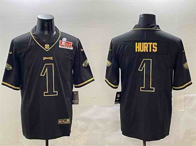 Men's Philadelphia Eagles #1 Jalen Hurts Black/Gold 2025 Super Bowl LIX Patch Vapor Untouchable Limited Stitched Football Jersey
